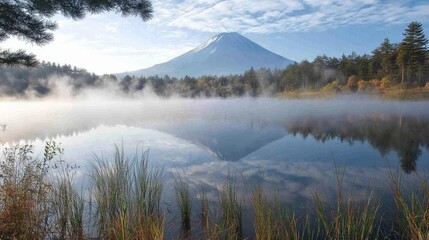 Misty Morning at Lake Kawaguchi with Mount Fuji