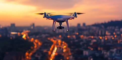 A white drone flies over a city at sunset with the cityscape blurred in the background.
