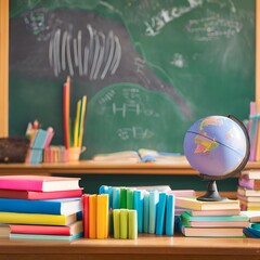 Colorful Classroom with Books and Globe