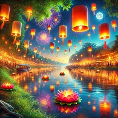 Enchanting Night Festival with Floating Lanterns and Lotus Flowers