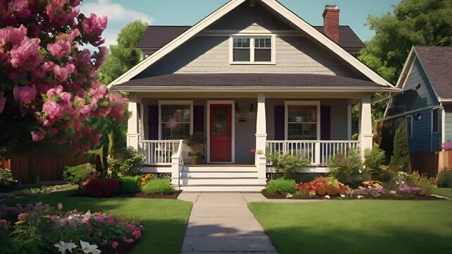 A two-car garage house, featuring a wide front porchand a beautifully landscaped garden with blooming flowers, video 