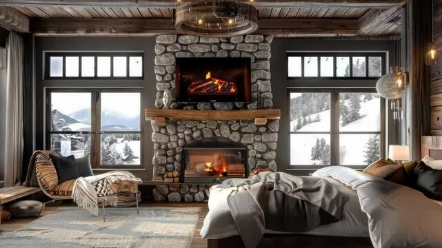 Rustic lodge bedroom with a stone fireplace and wooden accents, Video