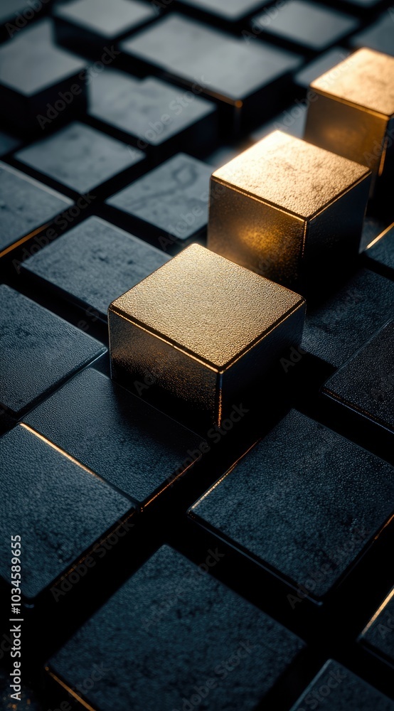 Poster a close-up of metallic cubes arranged on a textured surface, highlighting contrast and depth.