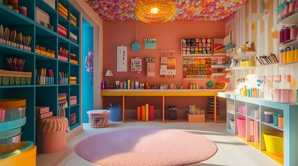 31. A colorful craft room with supplies and an area to showcase a product