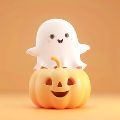 Cute ghost with a pumpkin. Halloween concept.
