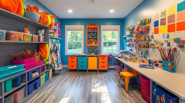 31. A colorful craft room with supplies and an area to showcase a product