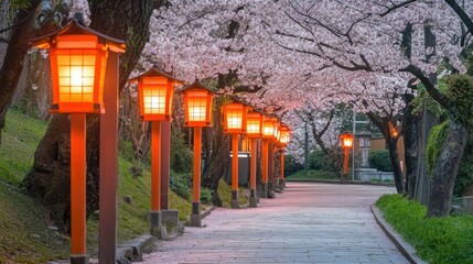 Serene Pathway with Lanterns and Cherry Blossoms