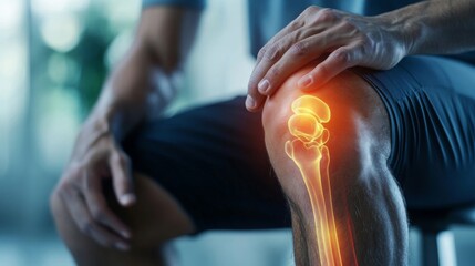 A man sits down while touching his knee, indicating discomfort. The image highlights the importance of knee health, possibly related to exercise or injury, in a modern and well-lit environment.