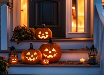Entrance area of a decorated house at Halloween. Scary Jack O Lantern. Carved, glowing pumpkins at Halloween. Trick or treat concept.