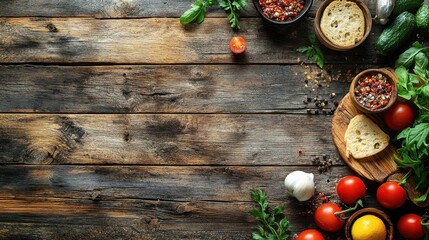 Rustic wooden table top with scattered spices, herbs, and vegetables, providing a blank space for your food photography.