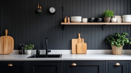 Modern Black Kitchen Design With Wooden Accents