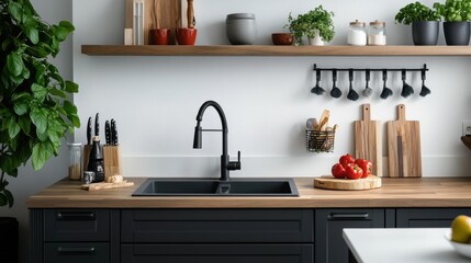 Modern Kitchen Design with Black Faucet and Wood Countertop
