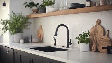 Modern Kitchen Design with Black Faucet and White Countertops