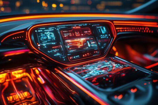 A futuristic car dashboard with glowing neon lights, featuring a digital display and intricate design elements.