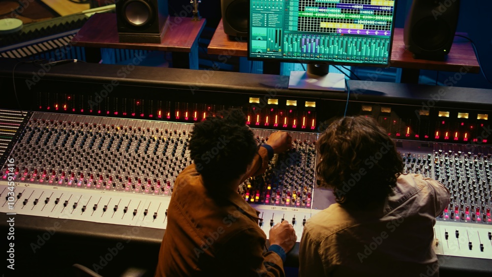 Poster musician and audio technician collaborating on mixing tracks to create a successful hit in professio