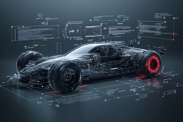 A wireframe rendering of a futuristic sports car with technical diagrams and data around it.