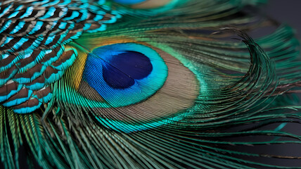 Naklejka premium Close-up of a vibrant peacock feather showcasing vivid blue and green colors with intricate eye patterns.