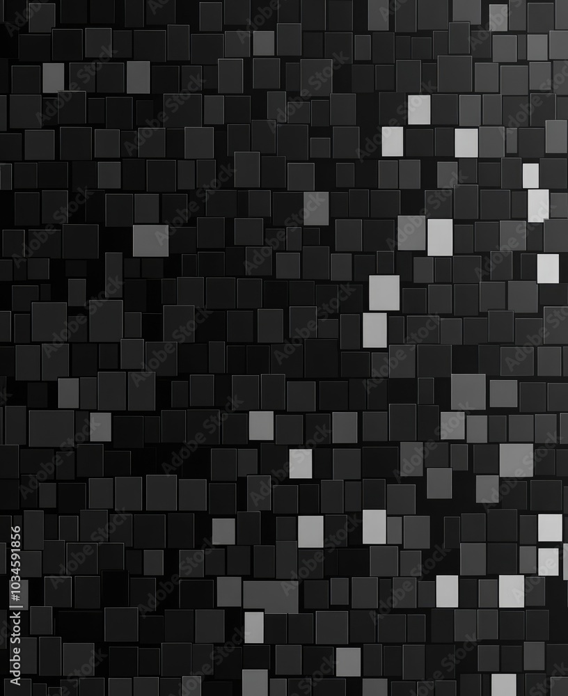 Poster a textured pattern of black and gray squares creating a modern abstract design.