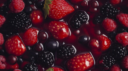 a close-up, top-down view of a mix of strawberries, raspberries, and blackberries, all coated in a glossy gelatin glaze