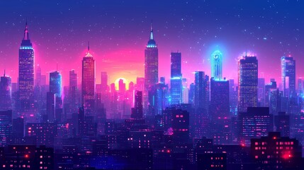 Fototapeta premium A retro city skyline at night, skyscrapers aglow with warm city lights, streets below buzzing with neon graffiti illuminating the walls in vivid hues