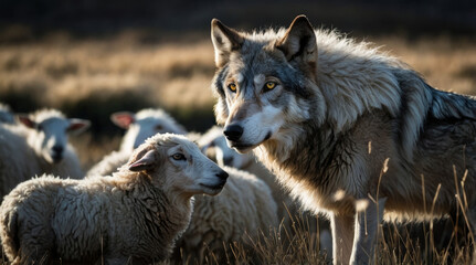 Fototapeta premium A striking contrast between a lone wolf and a flock of sheep