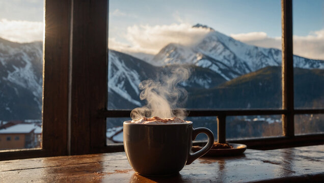 A cozy mug of hot chocolate with steam rising, placed by a window overlooking a misty mountain range.