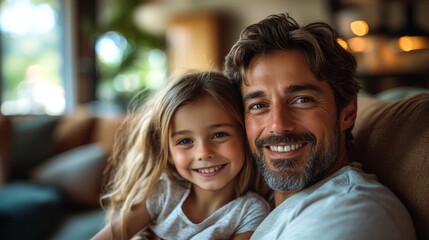 Obraz premium A father and his young daughter are sharing a joyful moment in a cozy living room, surrounded by soft furniture and natural light streaming in, showcasing their loving bond.