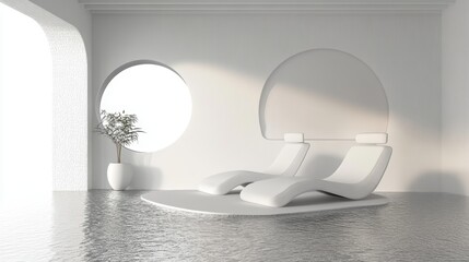 Minimalist Interior Design with Curved Walls and Circular Windows