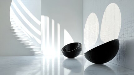 Minimalist Interior Design with Black Chairs and Spiral Staircase