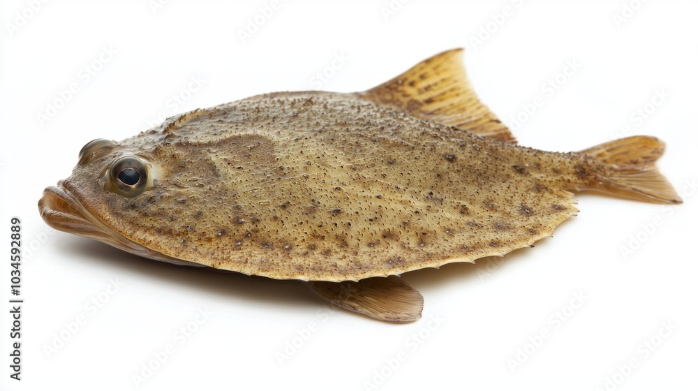 Poster flatfish belonging to the pleuronectiformes order displays its flattened body and distinctive colora
