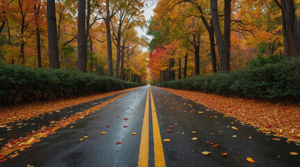 Obraz premium A landscape photograph capturing a straight, wet asphalt road stretching into the distance, flanked by tall trees adorned with vibrant autumn foliage in shades of orange, red, and yellow