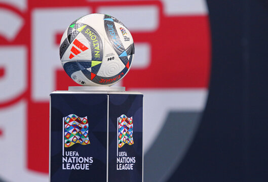 Poznan, Poland - October 11, 2024: Adidas Nations League Pro, official match ball of the UEFA Nations League 2024-2025 on the pedestal seen during UEFA Nations League game Ukraine v Georgia in Poznan