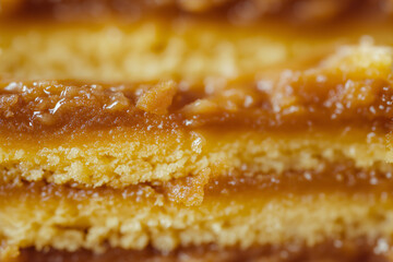 an extreme close-up, parallel horizontal front view, surface of a sliced caramel sandwich cake, filling the entire frame with its intricate layers