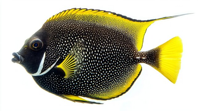 French Angelfish displays its striking black and yellow colors while swimming in a pristine environment highlighting its natural beauty and intricate details.
