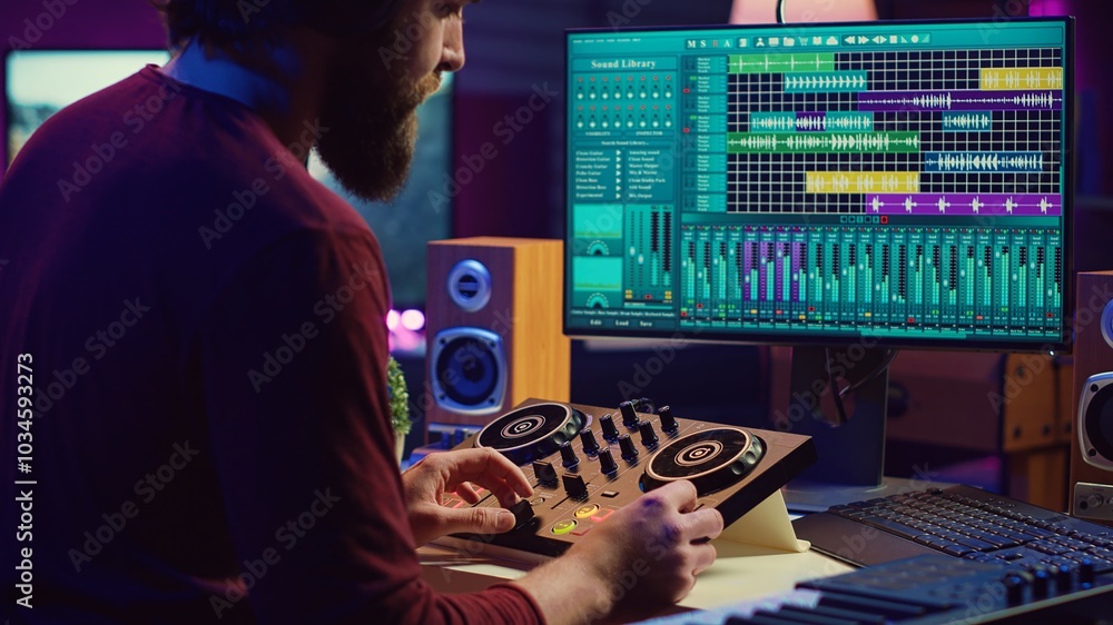 Leinwandbilder audio engineer creating sound effects for a new soundtrack, recording tunes on electronic piano and 