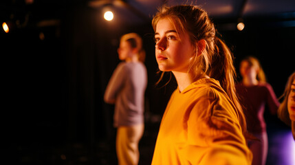 some young teen teenager actress and actors on a theatre rehearsal	
