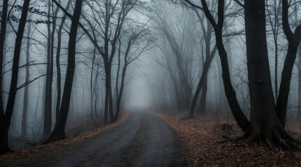 Obraz premium A moody, atmospheric photograph depicting a foggy forest scene.