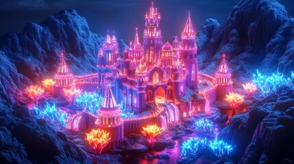 Fototapeta premium Aerial view of a fantasy kingdom with a majestic pink castle, holographic flowers, vibrant details, Futuristic Fantasy, 3D illustration, Glowing neon accents