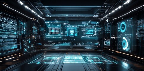 Futuristic control room interior with glowing blue screens displaying data and technical information.