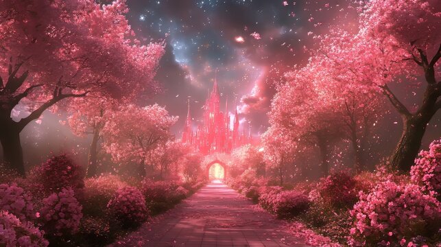A mystical pathway lined with glowing flowers, leading to pink fairytale castle gates, under a starry night sky with shimmering constellations, Fantasy, Watercolor