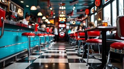 Obraz premium Retro diner scene with checkered floors, chrome accents, and classic jukebox tunes playing, waitresses serving burgers and shakes