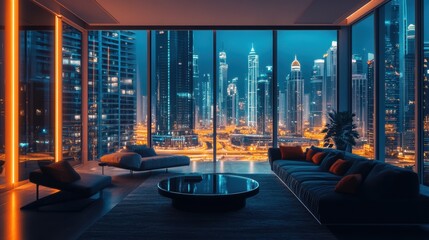 Modern Apartment with Stunning Cityscape View at Night