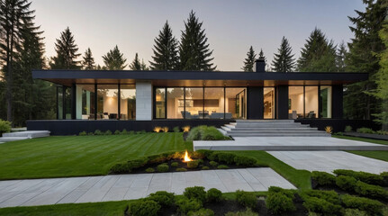 Naklejka premium A Modern architectural style, two-story house with a flat roof and large glass windows