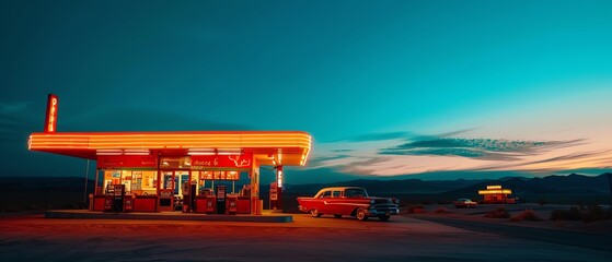 Retro gas station on a deserted road, classic cars parked, a neon sign flickering in the dusk light, and an old diner in the background