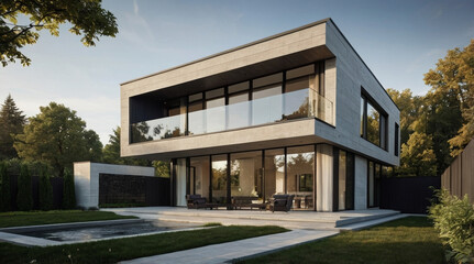 A Modern architectural style, two-story house with a flat roof and large glass windows