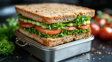 metal gray lunch box sits on a glass window ledge, containing a neatly arranged sandwich. It symbolizes simplicity, nourishment, and the comfort of a homemade meal