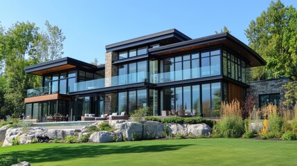 Fototapeta premium Modern Glass House with Stone Exterior and Lush Landscaping