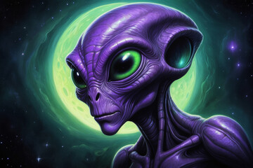 a image of an alien with large black eyes,  wants to share his knowledge of the universe by force, the background is black, the alien emits a purple hue and distant small stars are visible