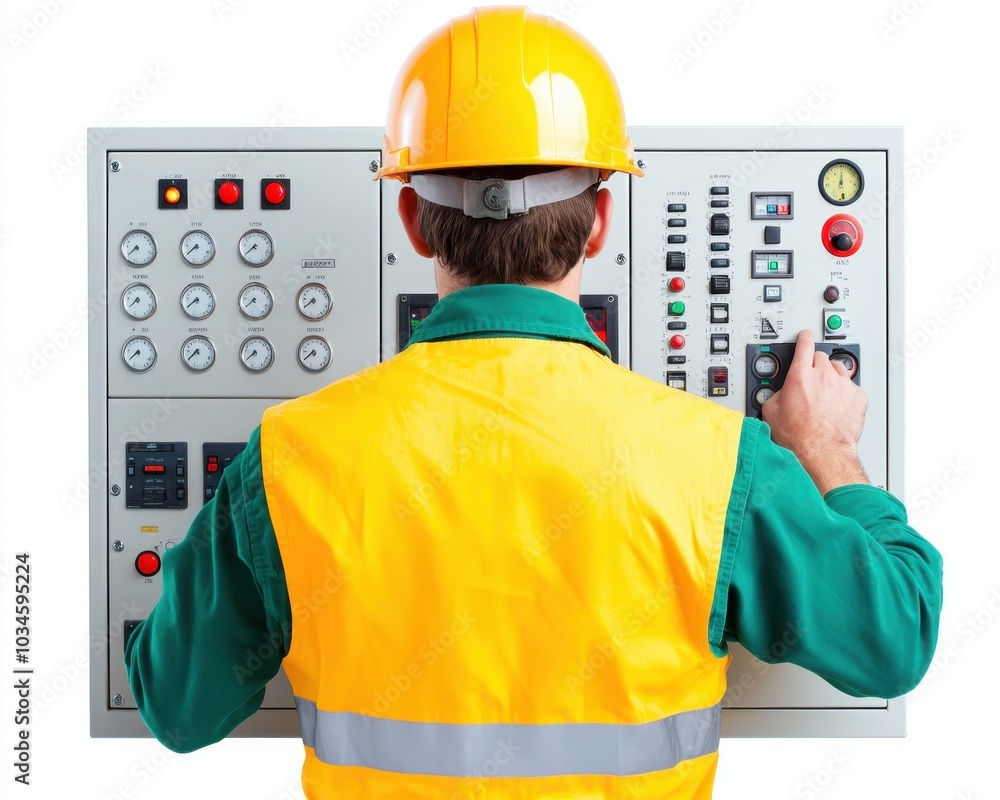 Poster a worker in a safety helmet and vest operates a control panel with various buttons and gauges, empha