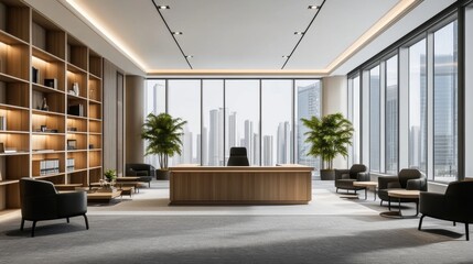 Fototapeta premium Modern Office Interior with City View and Minimalist Design